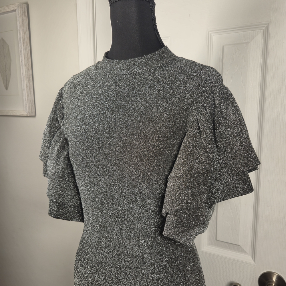 A3 Design Silver Metallic Lurex Tiered Ruffle Sleeve Bodycon Mini Dress Small - Picture 3 of 7